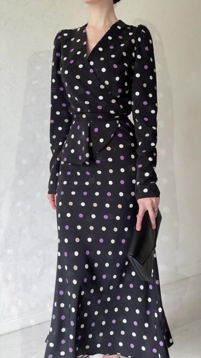 French Polka Dot V-Neck Fishtail Wedding and Holiday Dress Abaya (MA197)