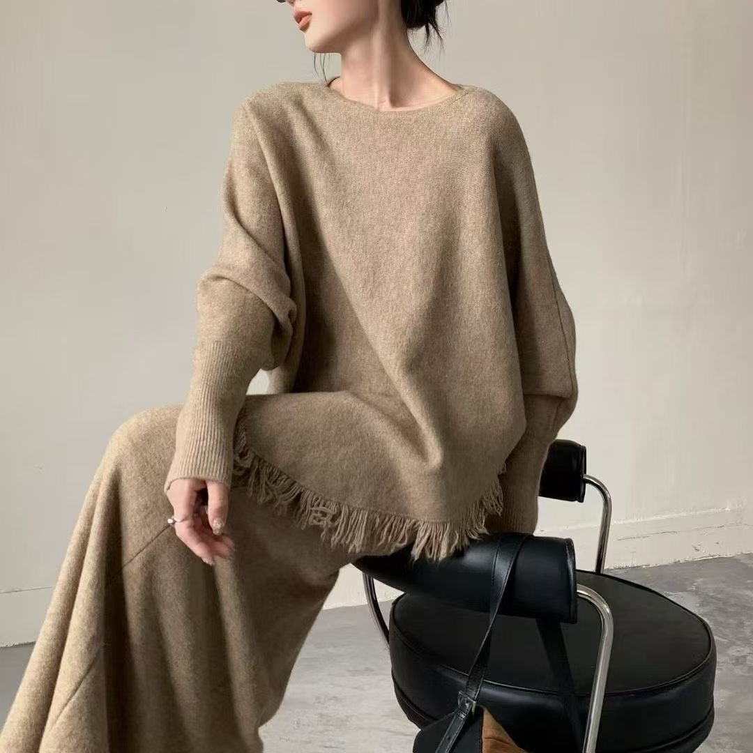 Fringed Knit Set With Batwing Sleeve Sweater And Midi Skirt (MS172)
