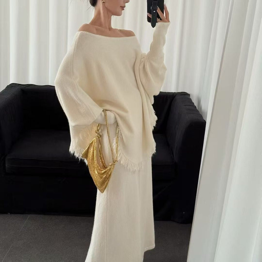 Fringed Knit Set With Batwing Sleeve Sweater And Midi Skirt (MS172)