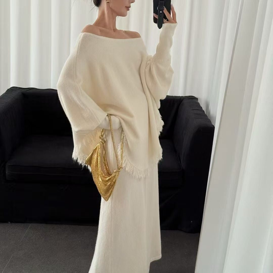 Fringed Knit Set With Batwing Sleeve Sweater And Midi Skirt (MS172)
