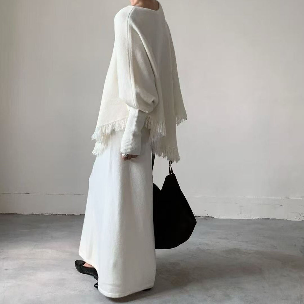 Fringed Knit Set With Batwing Sleeve Sweater And Midi Skirt (MS172)