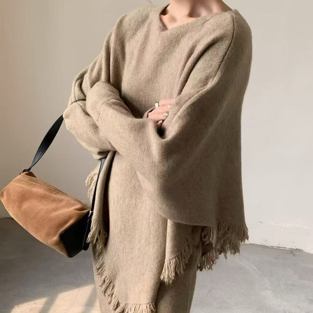 Fringed Knit Set With Batwing Sleeve Sweater And Midi Skirt (MS172)