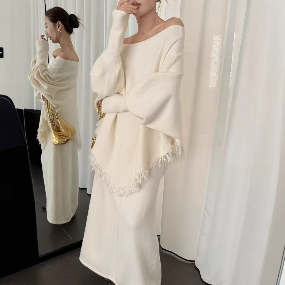 Fringed Knit Set With Batwing Sleeve Sweater And Midi Skirt (MS172)