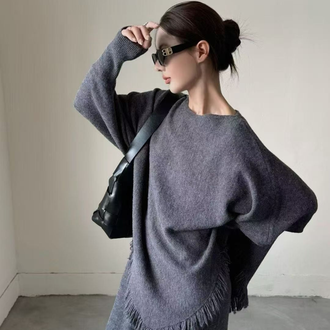 Fringed Knit Set With Batwing Sleeve Sweater And Midi Skirt (MS172)