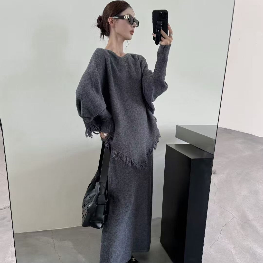 Fringed Knit Set With Batwing Sleeve Sweater And Midi Skirt (MS172)