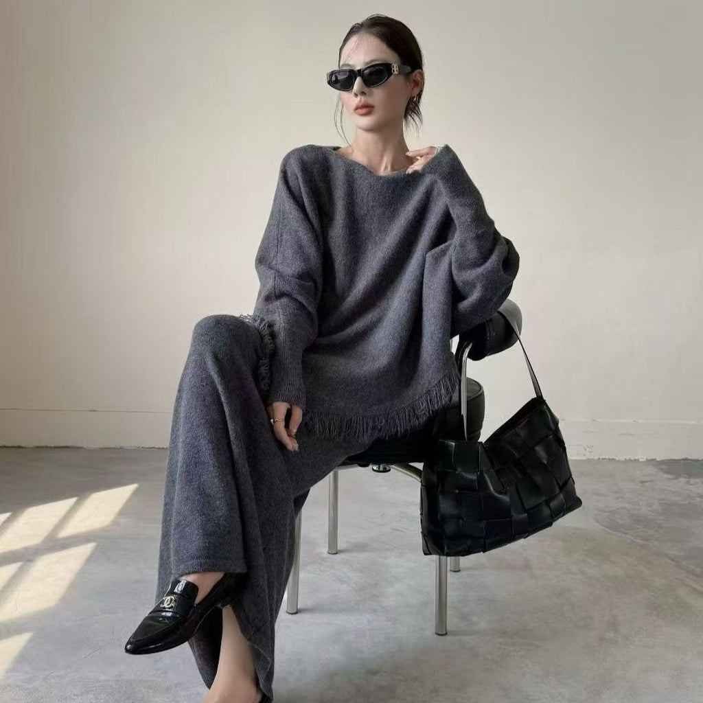 Fringed Knit Set With Batwing Sleeve Sweater And Midi Skirt (MS172)