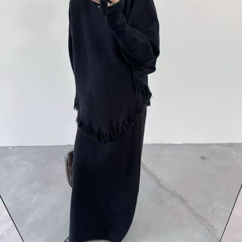 Fringed Knit Set With Batwing Sleeve Sweater And Midi Skirt (MS172)