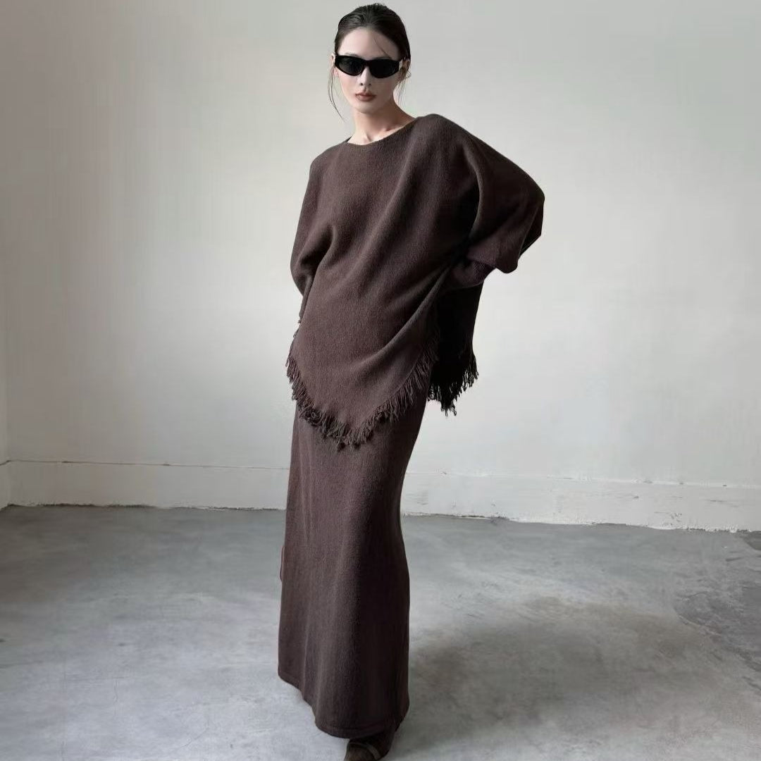 Fringed Knit Set With Batwing Sleeve Sweater And Midi Skirt (MS172)