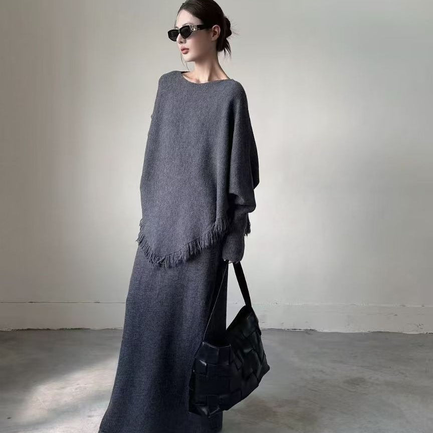 Fringed Knit Set With Batwing Sleeve Sweater And Midi Skirt (MS172)