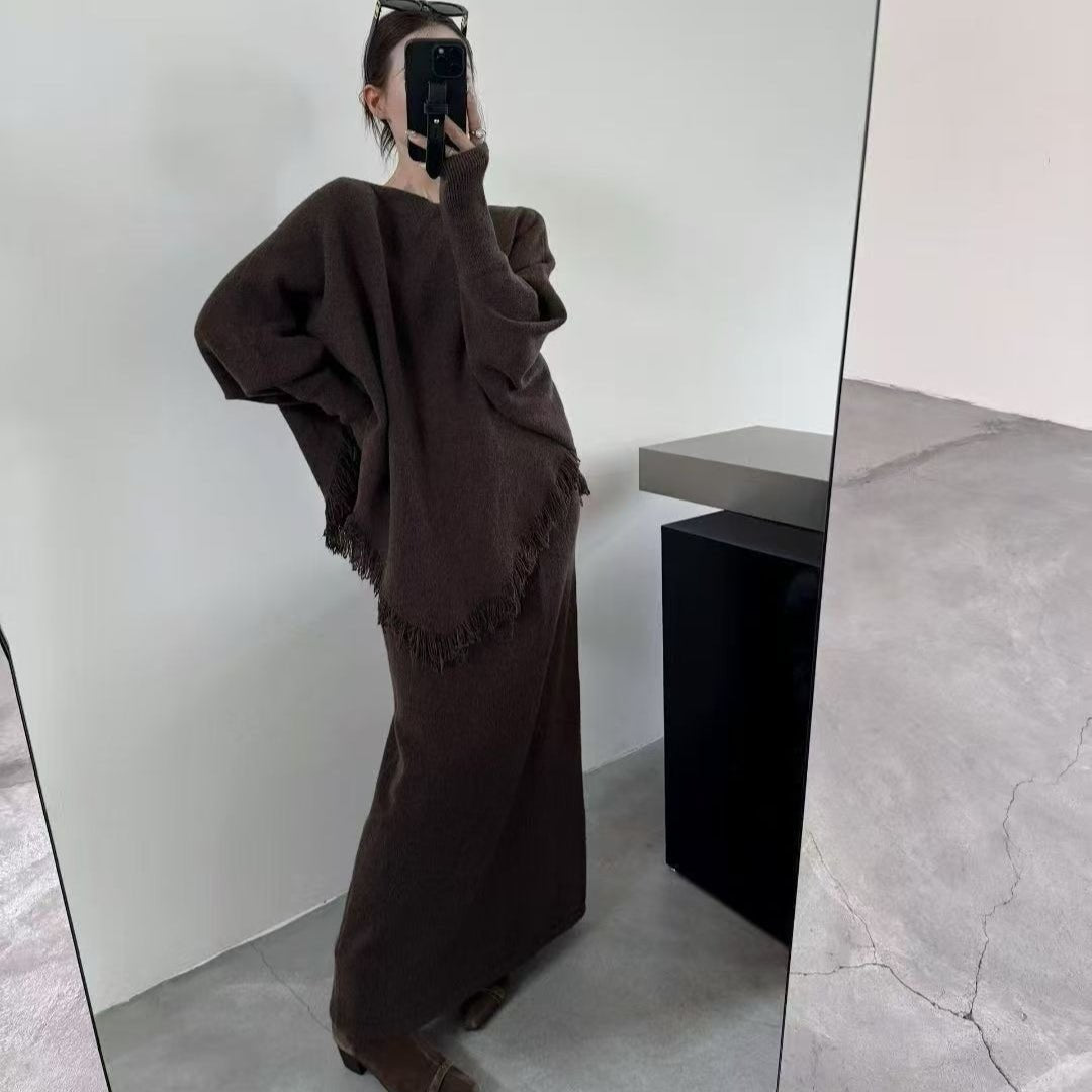Fringed Knit Set With Batwing Sleeve Sweater And Midi Skirt (MS172)