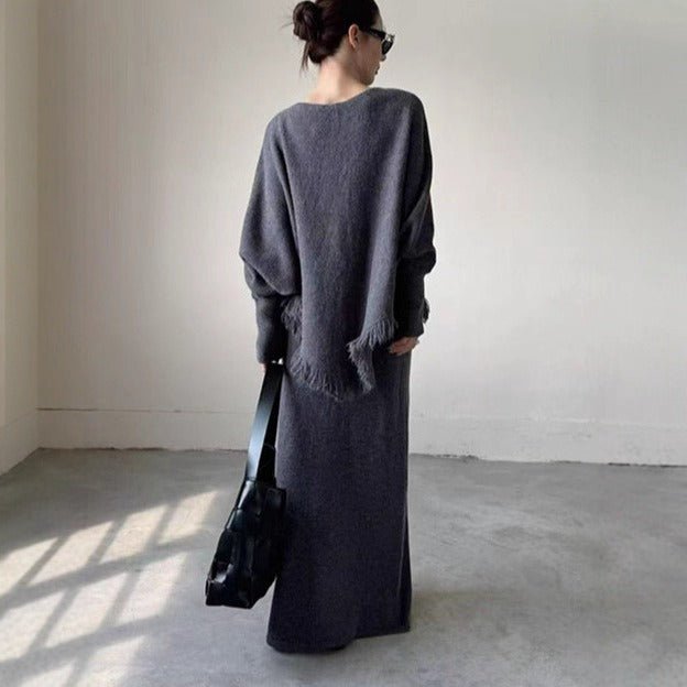 Fringed Knit Set With Batwing Sleeve Sweater And Midi Skirt (MS172)