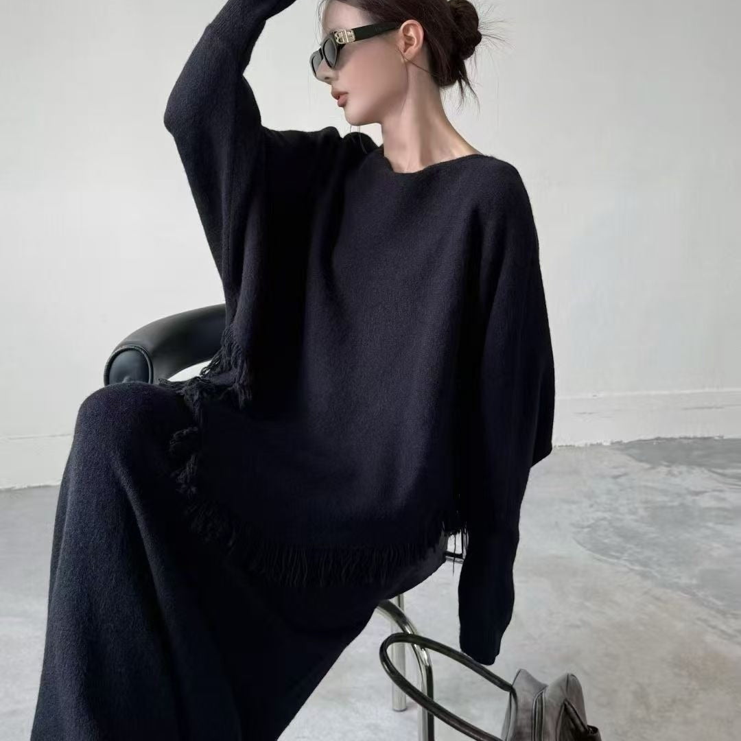 Fringed Knit Set With Batwing Sleeve Sweater And Midi Skirt (MS172)