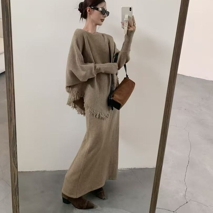 Fringed Knit Set With Batwing Sleeve Sweater And Midi Skirt (MS172)