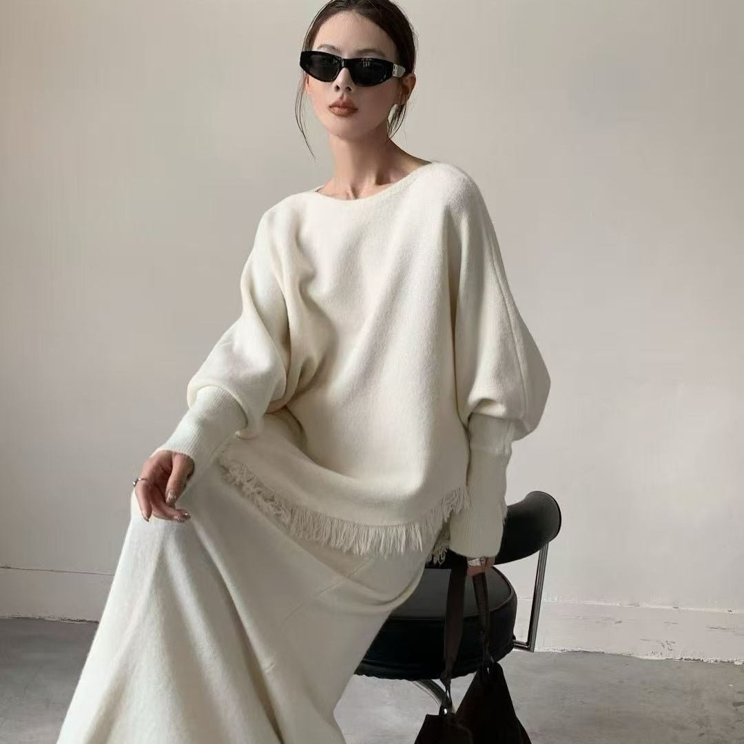 Fringed Knit Set With Batwing Sleeve Sweater And Midi Skirt (MS172)