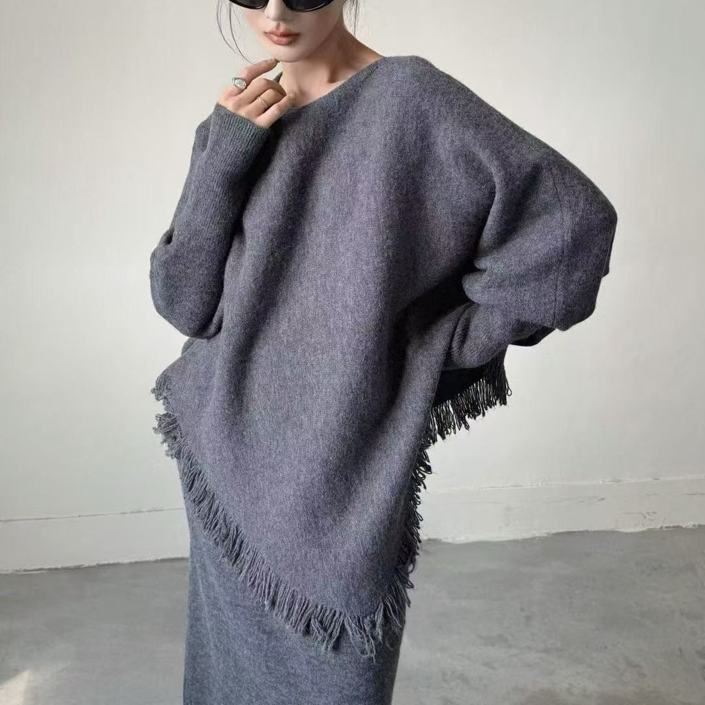 Fringed Knit Set With Batwing Sleeve Sweater And Midi Skirt (MS172)