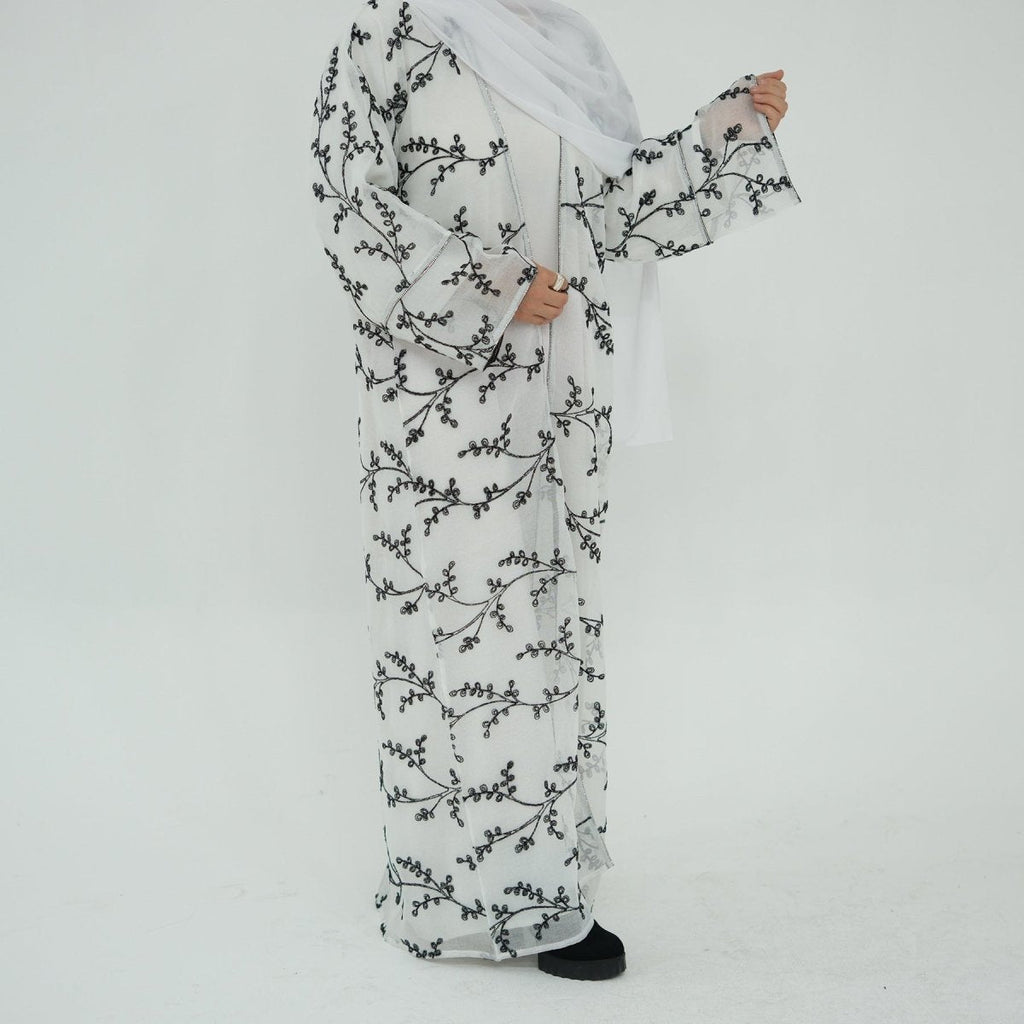 Fully Embroidered Abaya Set | Crystal Trim Vine Pattern Cardigan & Dress (MOA262)