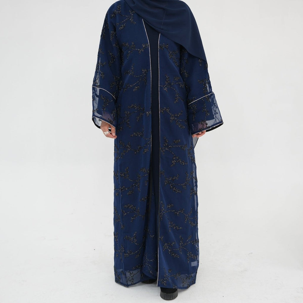 Fully Embroidered Abaya Set | Crystal Trim Vine Pattern Cardigan & Dress (MOA262)