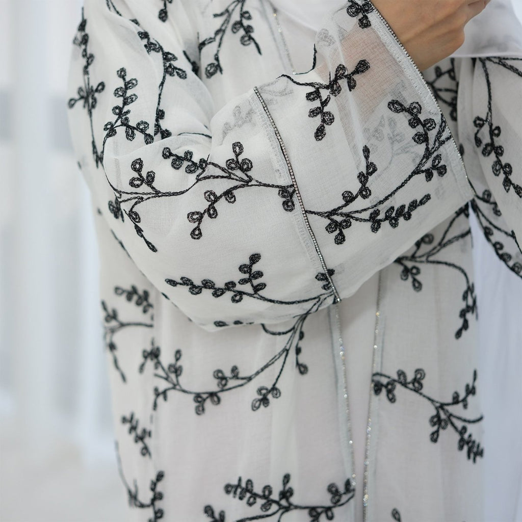 Fully Embroidered Abaya Set | Crystal Trim Vine Pattern Cardigan & Dress (MOA262)
