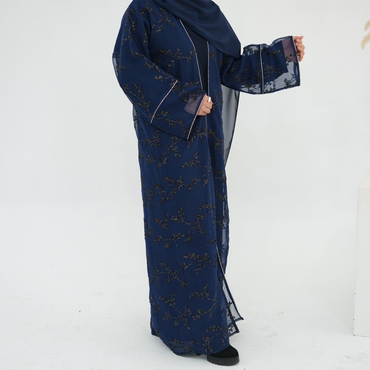 Fully Embroidered Abaya Set | Crystal Trim Vine Pattern Cardigan & Dress (MOA262)