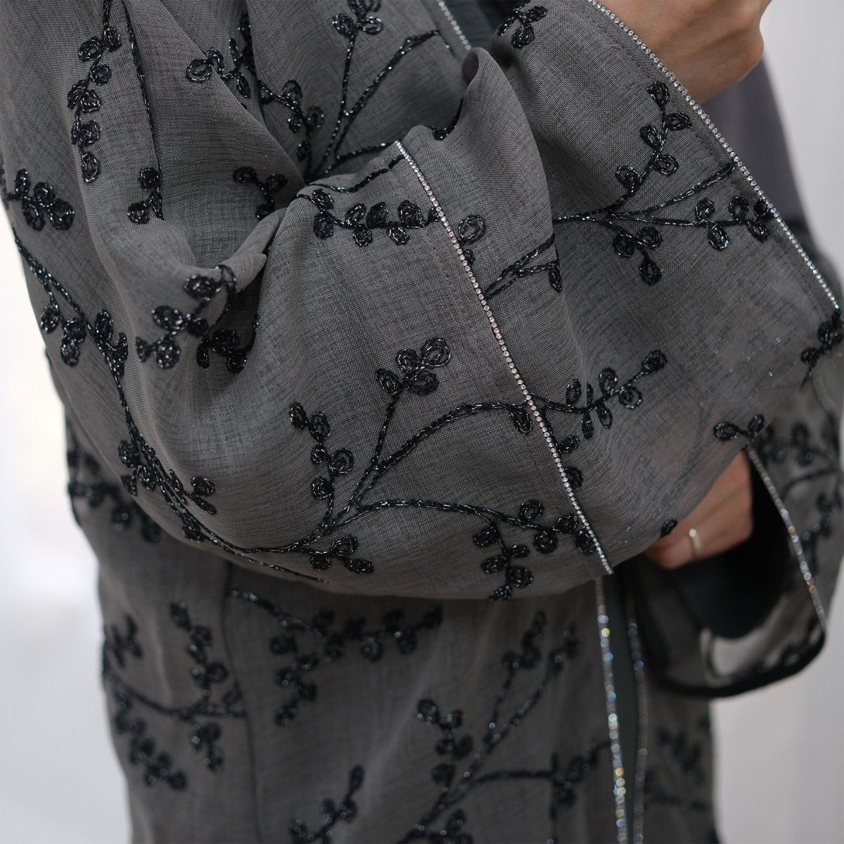 Fully Embroidered Abaya Set | Crystal Trim Vine Pattern Cardigan & Dress (MOA262)