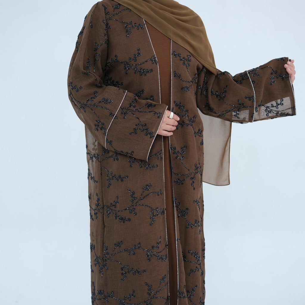 Fully Embroidered Abaya Set | Crystal Trim Vine Pattern Cardigan & Dress (MOA262)