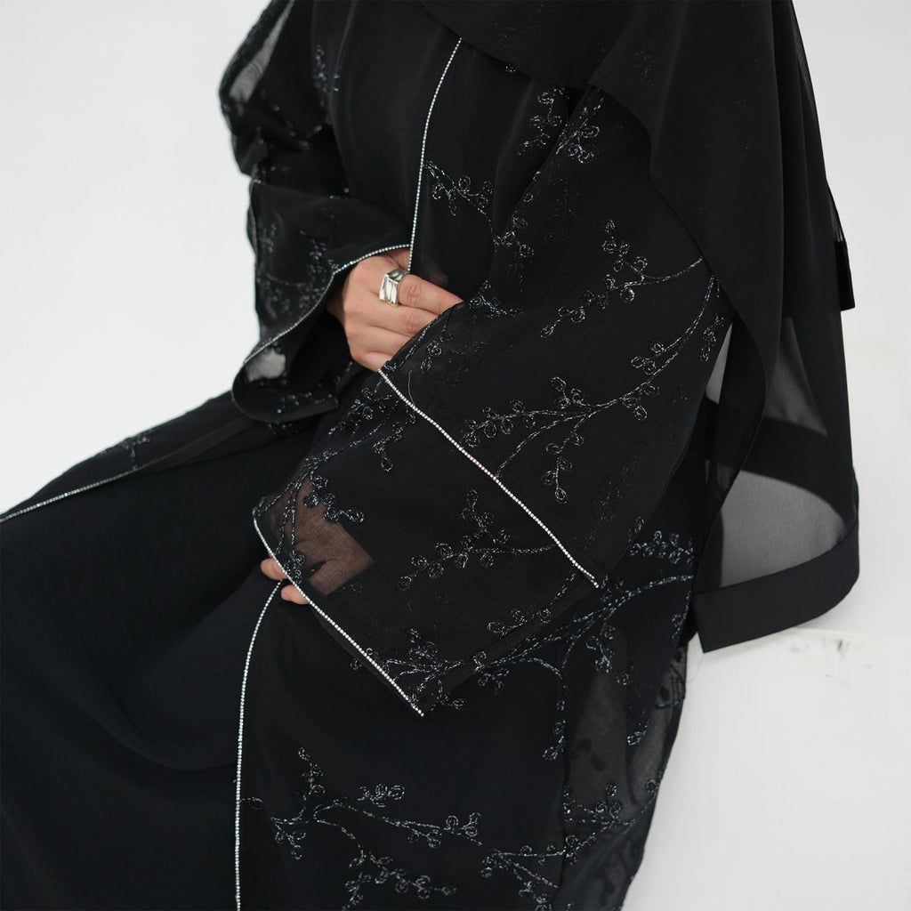 Fully Embroidered Abaya Set | Crystal Trim Vine Pattern Cardigan & Dress (MOA262)