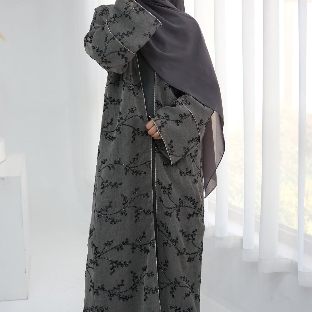Fully Embroidered Abaya Set | Crystal Trim Vine Pattern Cardigan & Dress (MOA262)