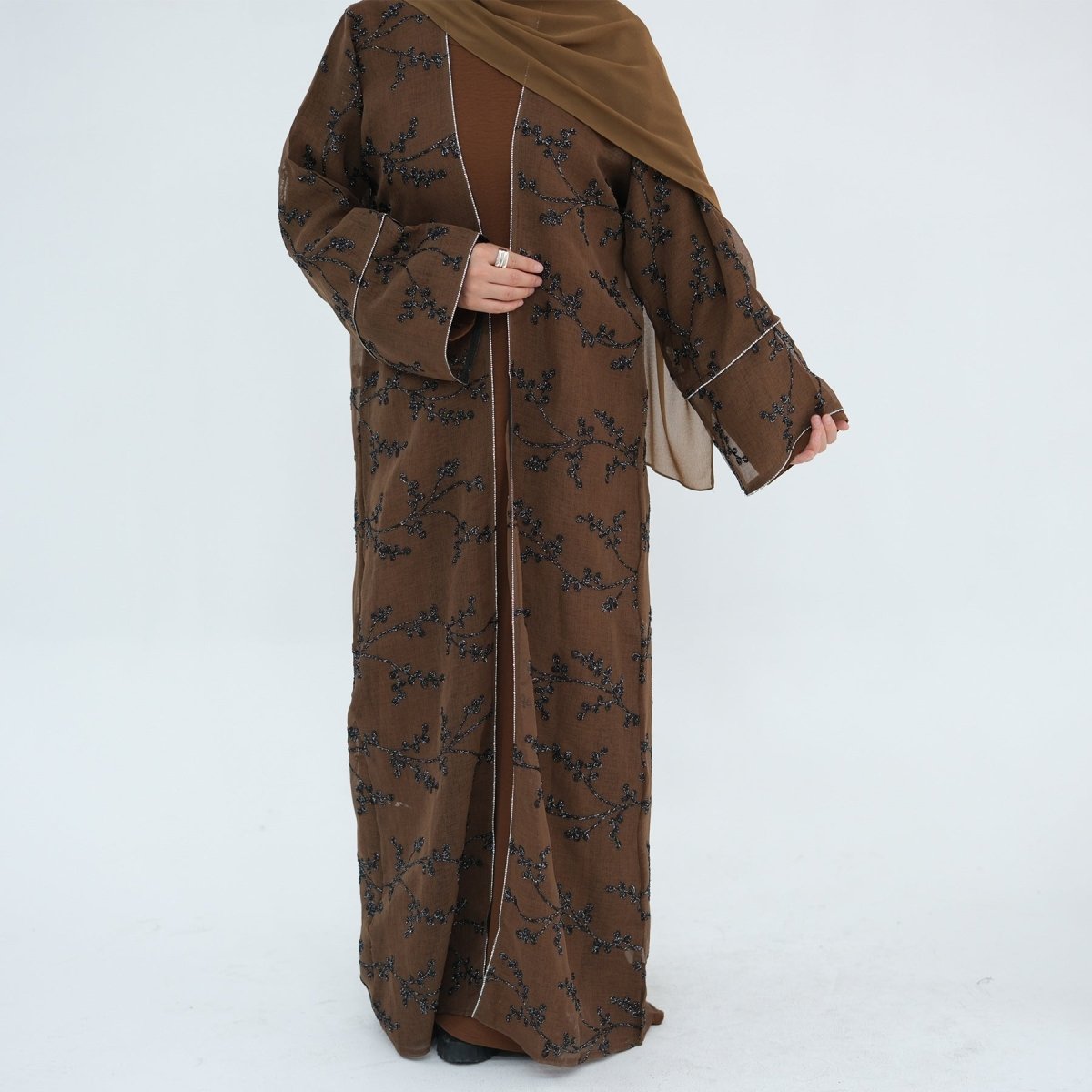 Fully Embroidered Abaya Set | Crystal Trim Vine Pattern Cardigan & Dress (MOA262)