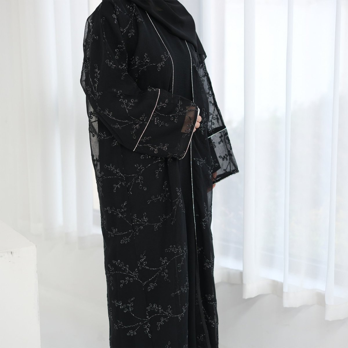 Fully Embroidered Abaya Set | Crystal Trim Vine Pattern Cardigan & Dress (MOA262)