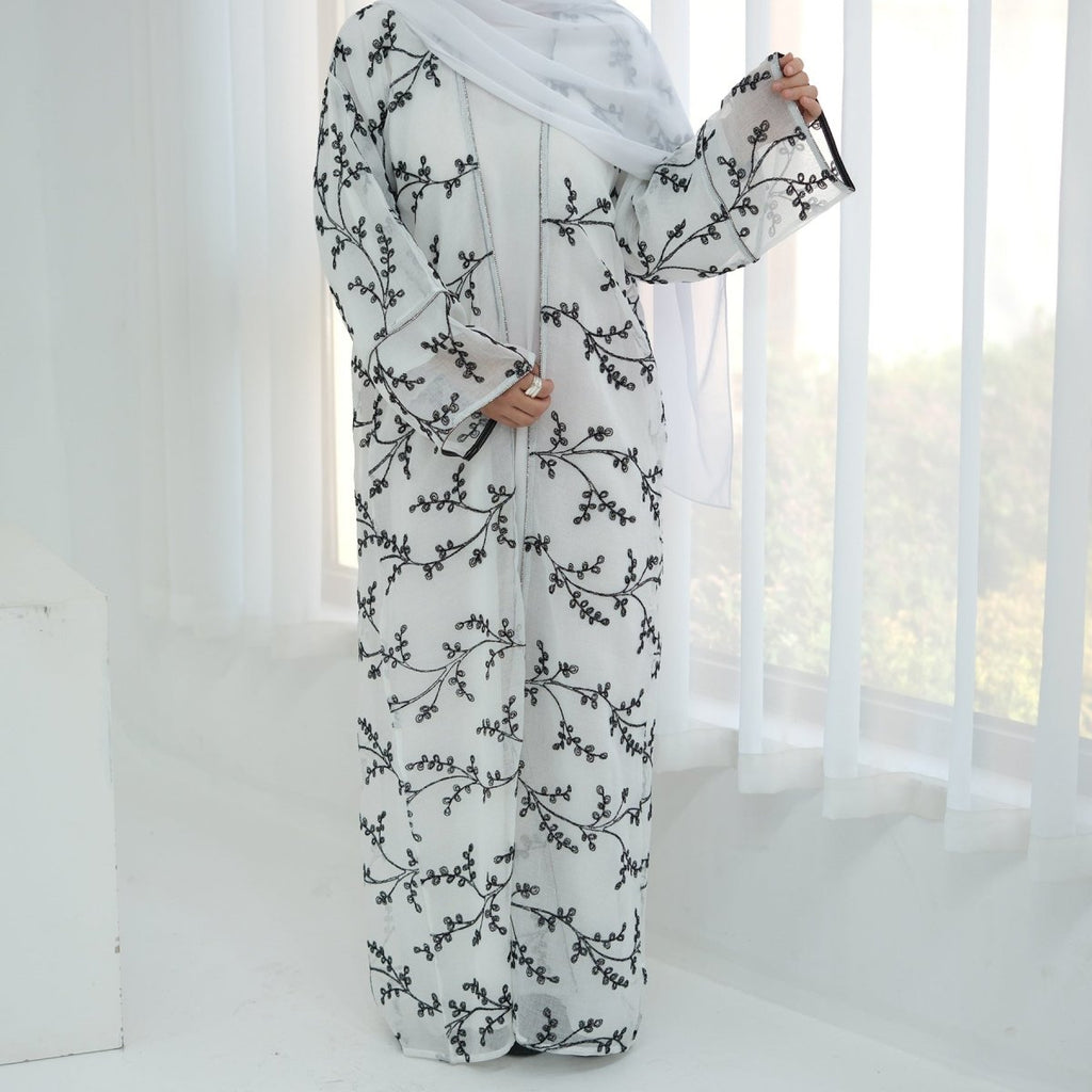 Fully Embroidered Abaya Set | Crystal Trim Vine Pattern Cardigan & Dress (MOA262)