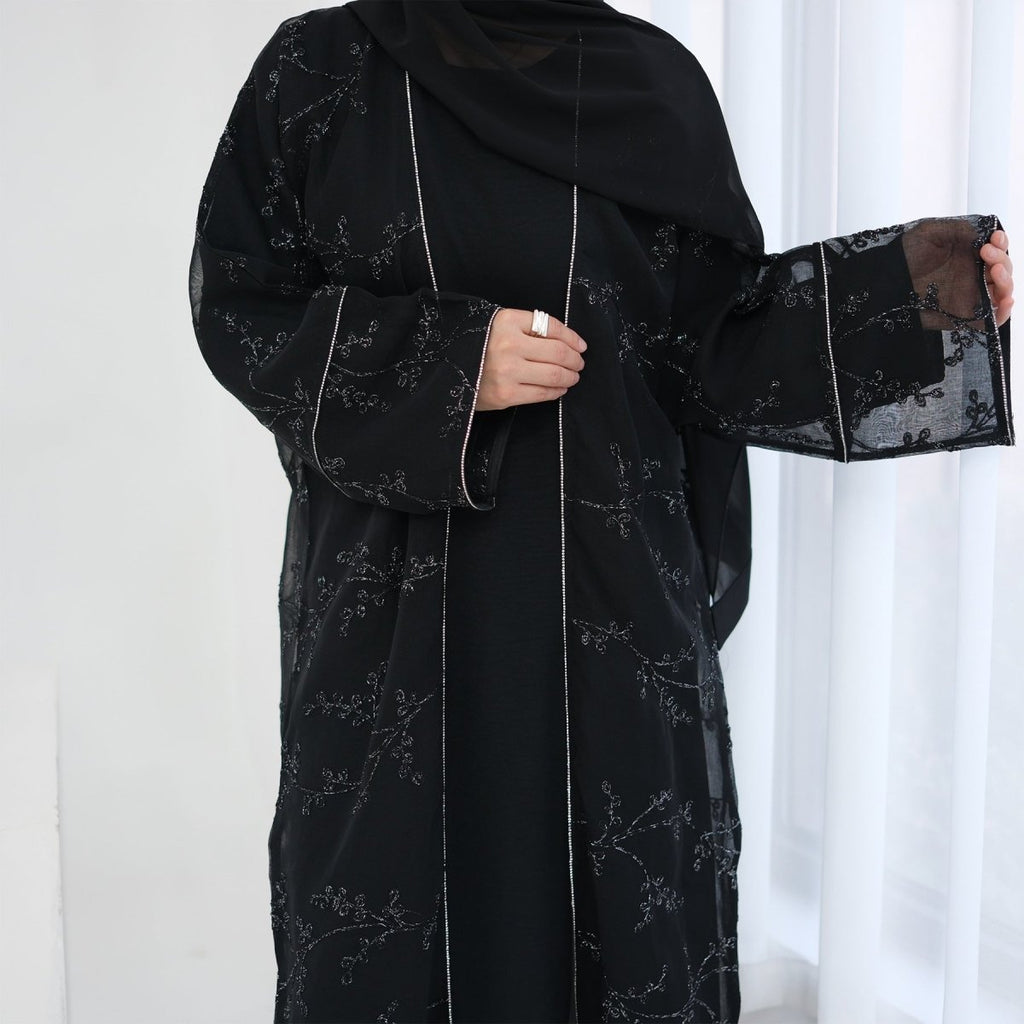 Fully Embroidered Abaya Set | Crystal Trim Vine Pattern Cardigan & Dress (MOA262)