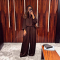 Gathered Neck Self-Tie Satin-Finish Top & Wide-Leg Trouser Set(MS465)