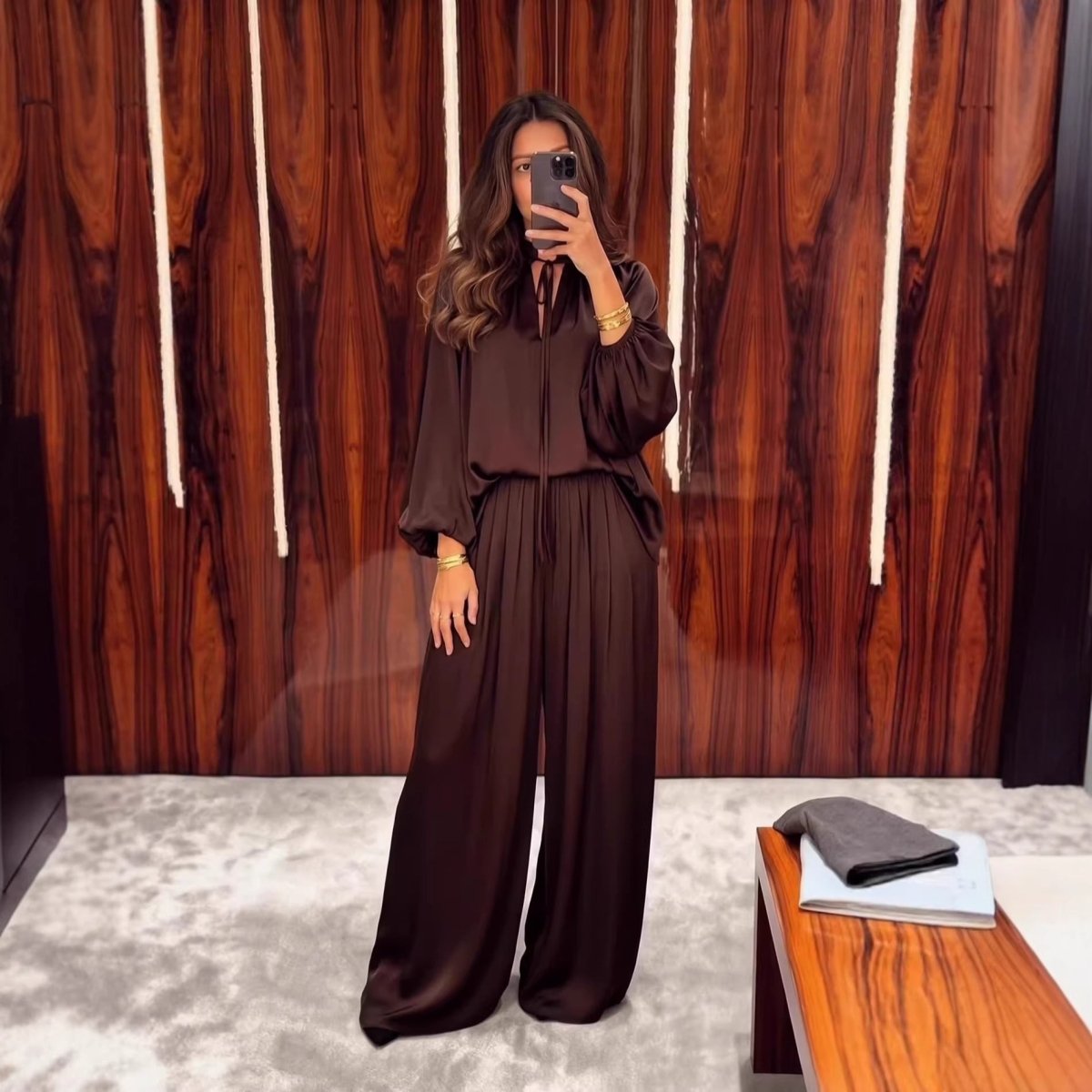 Gathered Neck Self-Tie Satin-Finish Top & Wide-Leg Trouser Set(MS465)
