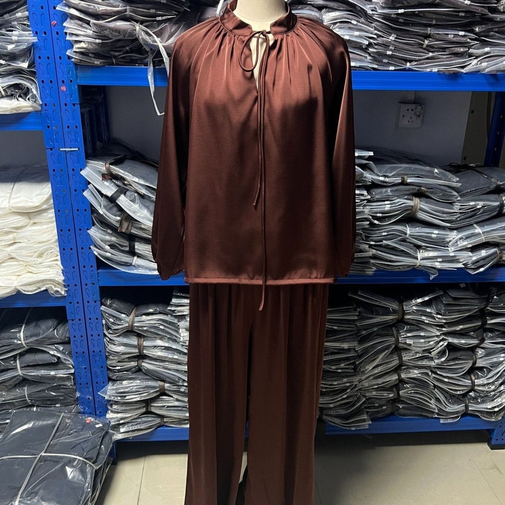 Gathered Neck Self-Tie Satin-Finish Top & Wide-Leg Trouser Set(MS465)