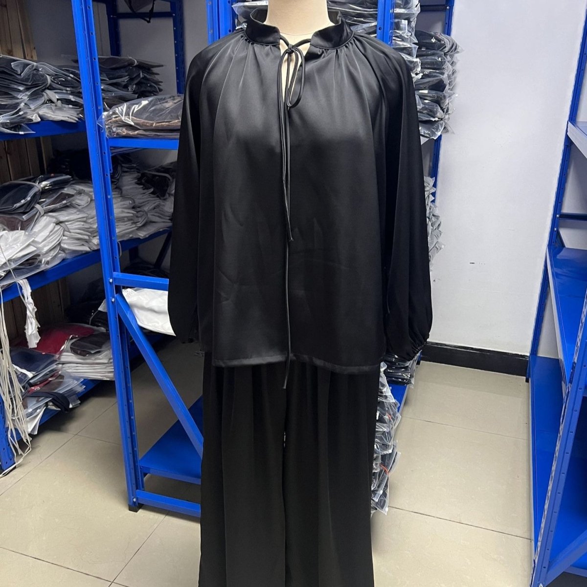 Gathered Neck Self-Tie Satin-Finish Top & Wide-Leg Trouser Set(MS465)