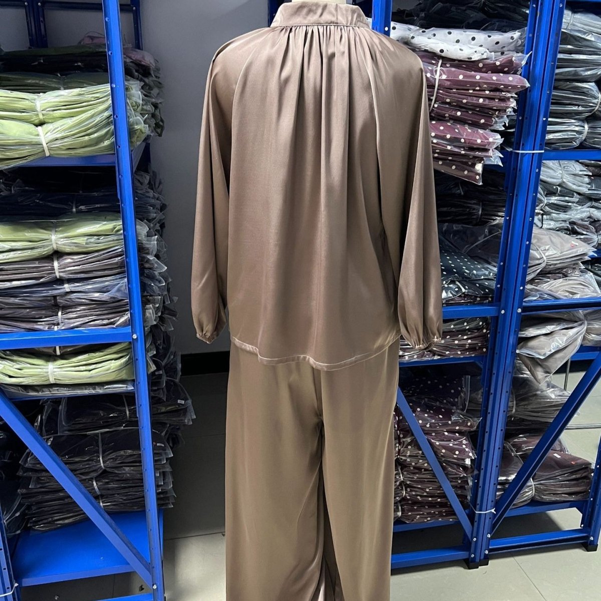 Gathered Neck Self-Tie Satin-Finish Top & Wide-Leg Trouser Set(MS465)