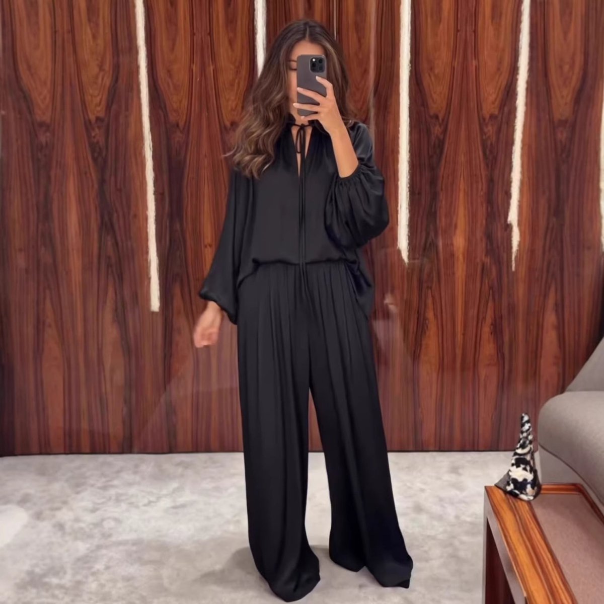 Gathered Neck Self-Tie Satin-Finish Top & Wide-Leg Trouser Set(MS465)