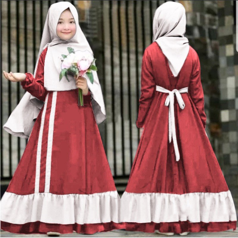 Girls Dress & Hijab Set with Contrast Trim(MKG025)