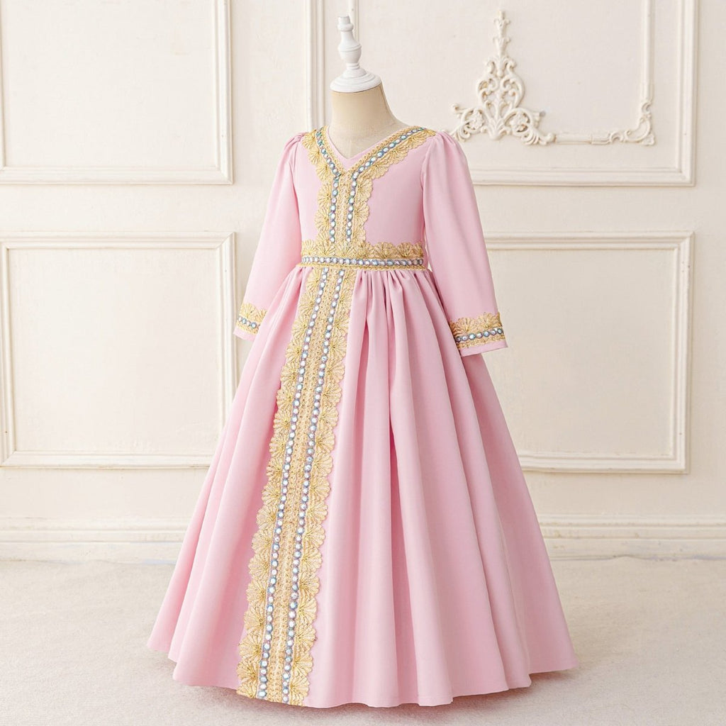 Girls Embroidered Kaftan Dress with Jeweled Belt(MKG021)