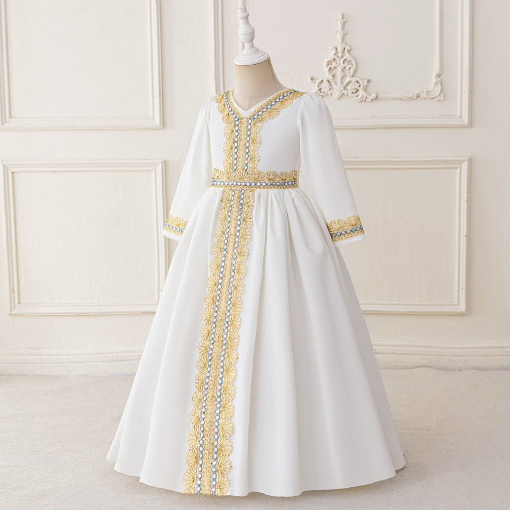 Girls Embroidered Kaftan Dress with Jeweled Belt(MKG021)