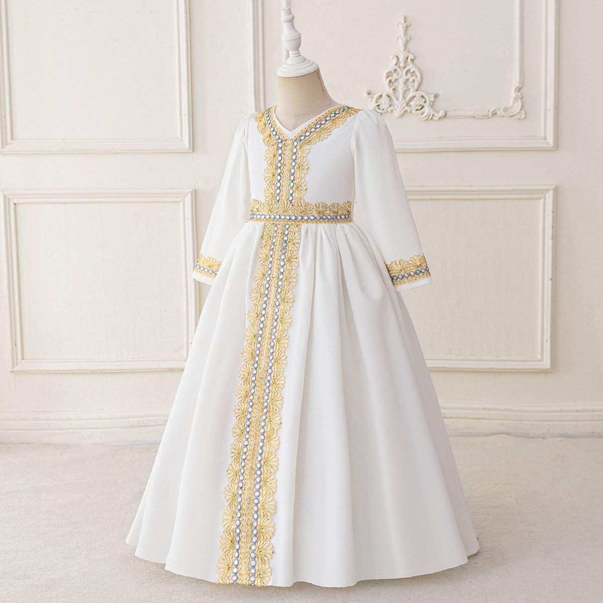 Girls Embroidered Kaftan Dress with Jeweled Belt(MKG021)