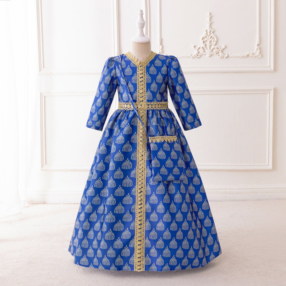 Girls Royal Blue Printed Kaftan Dress(MKG023)