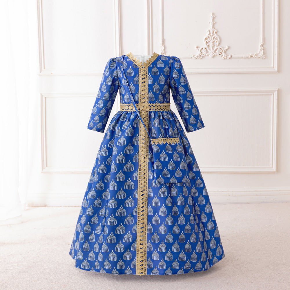 Girls Royal Blue Printed Kaftan Dress(MKG023)