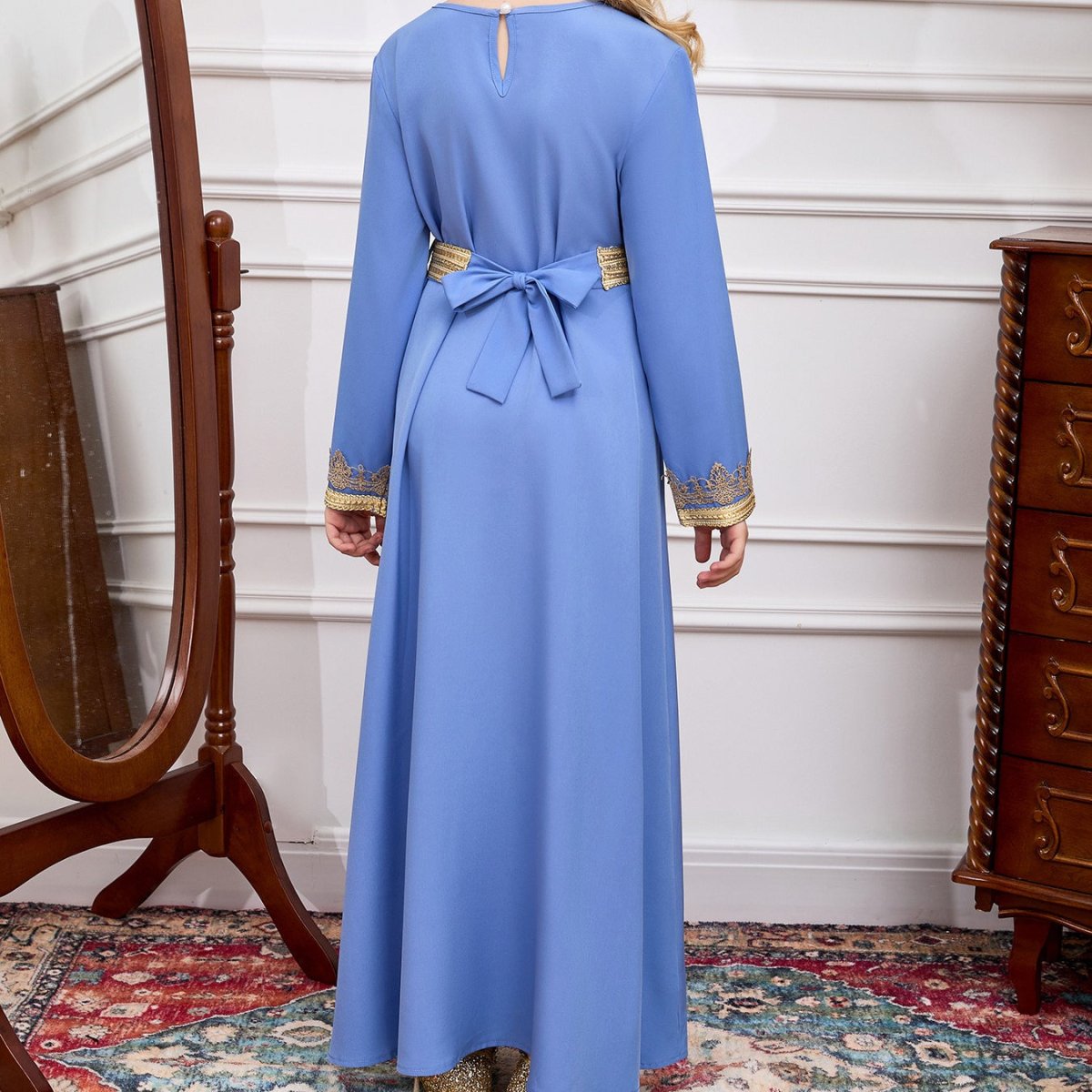 Girls V-Neck Patchwork Lace Kid Abaya(MKG010)