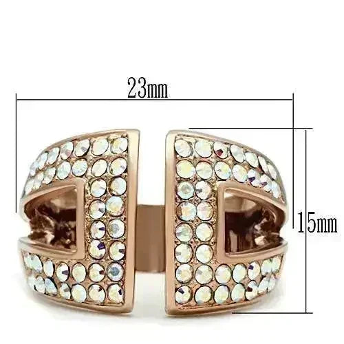 GL222 IP Rose Gold Brass Ring – Aurora Borealis Crystal Statement Piece