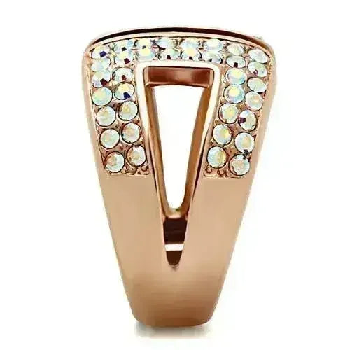 GL222 IP Rose Gold Brass Ring – Aurora Borealis Crystal Statement Piece