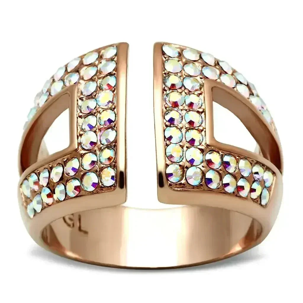 GL222 IP Rose Gold Brass Ring – Aurora Borealis Crystal Statement Piece