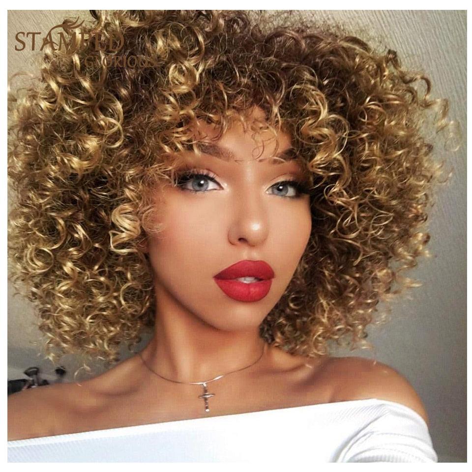 Glorious Afro Wigs Short Kinky Curly Wig Synthetic Short Bob Wig With Bangs Mixed Highlight Wig for Black Women Cosplay Wigs For Black Women Gifts for Girlfriends