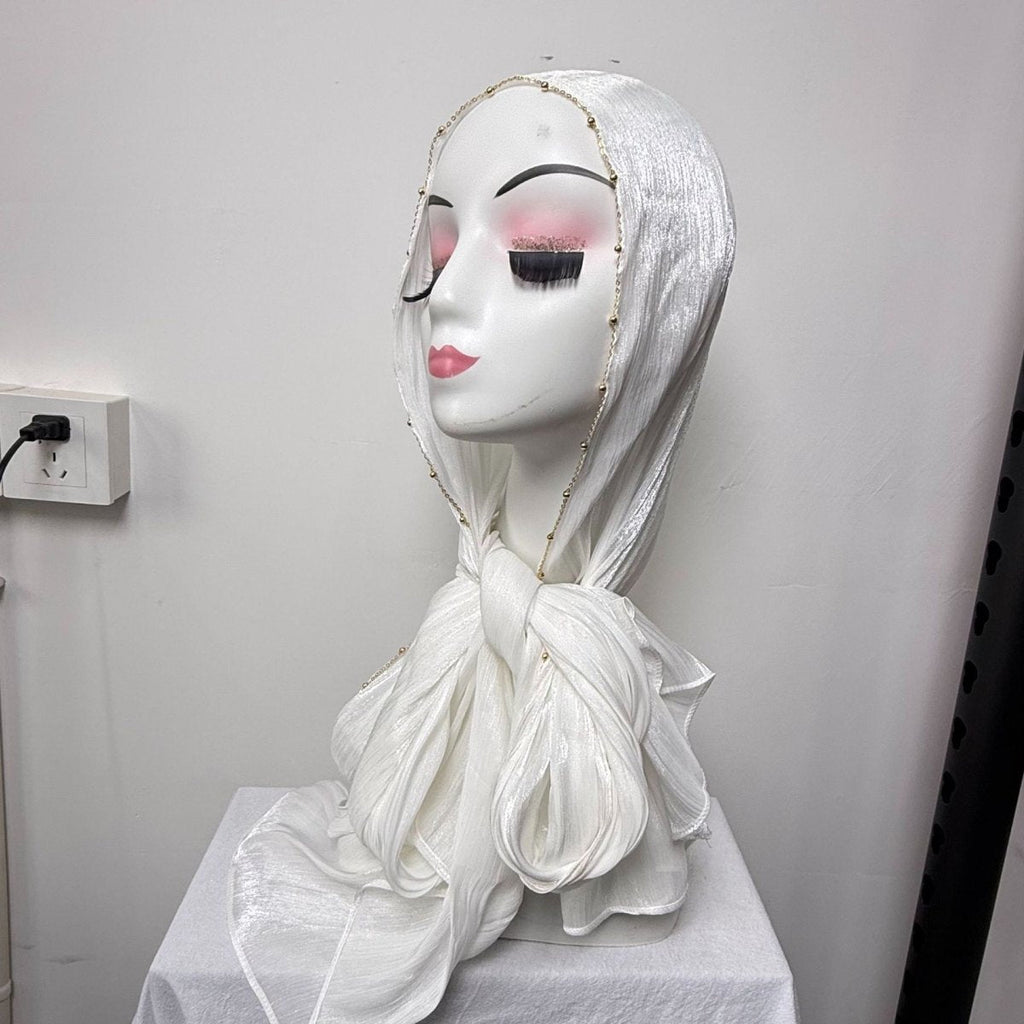 Gold Chain Beaded Edge Crinkle Satin Hijab(MH238)