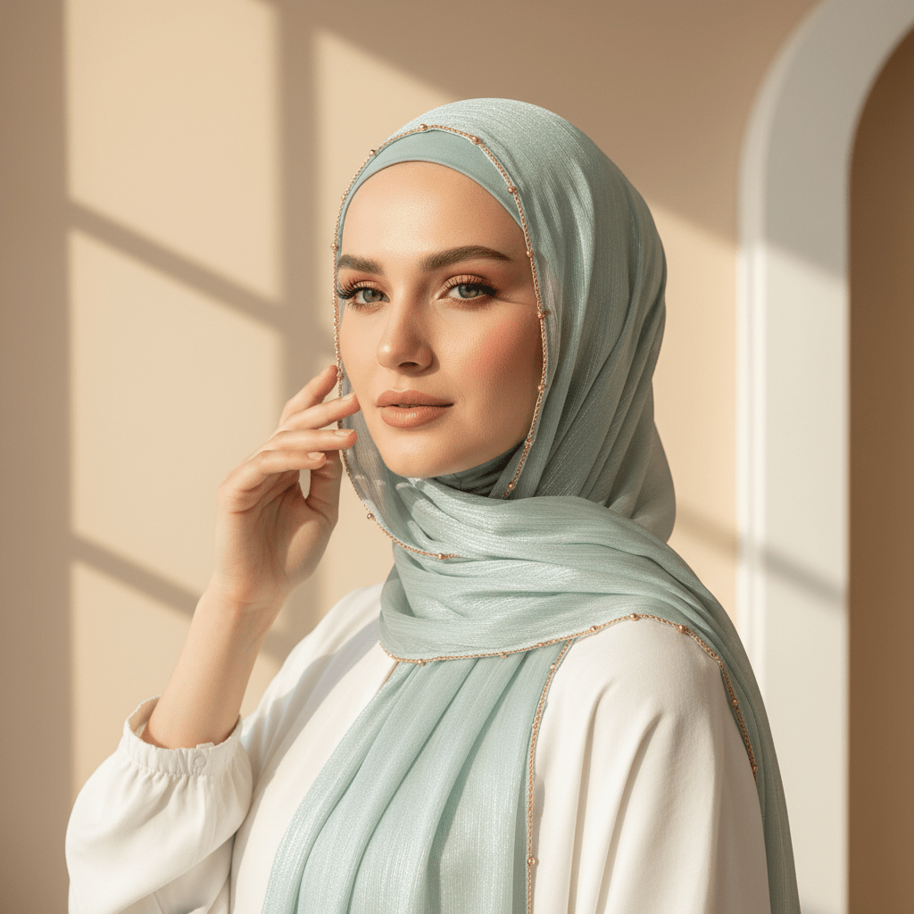 Gold Chain Beaded Edge Crinkle Satin Hijab(MH238)